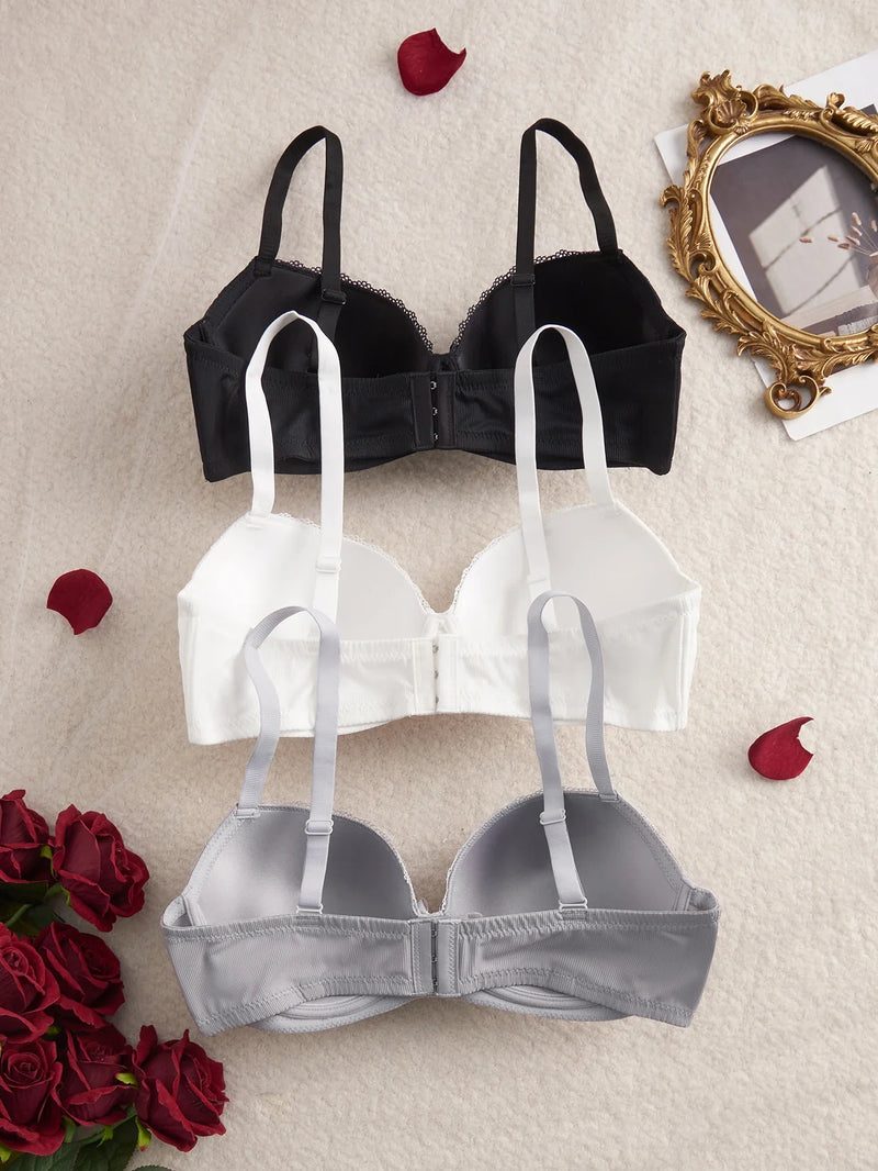 3Pcs Plus Size Women's Bras Lace Trim B C D E Thin Cup Ribbed Push up Bra Underwire Side Support Soft Women's Underwear Set