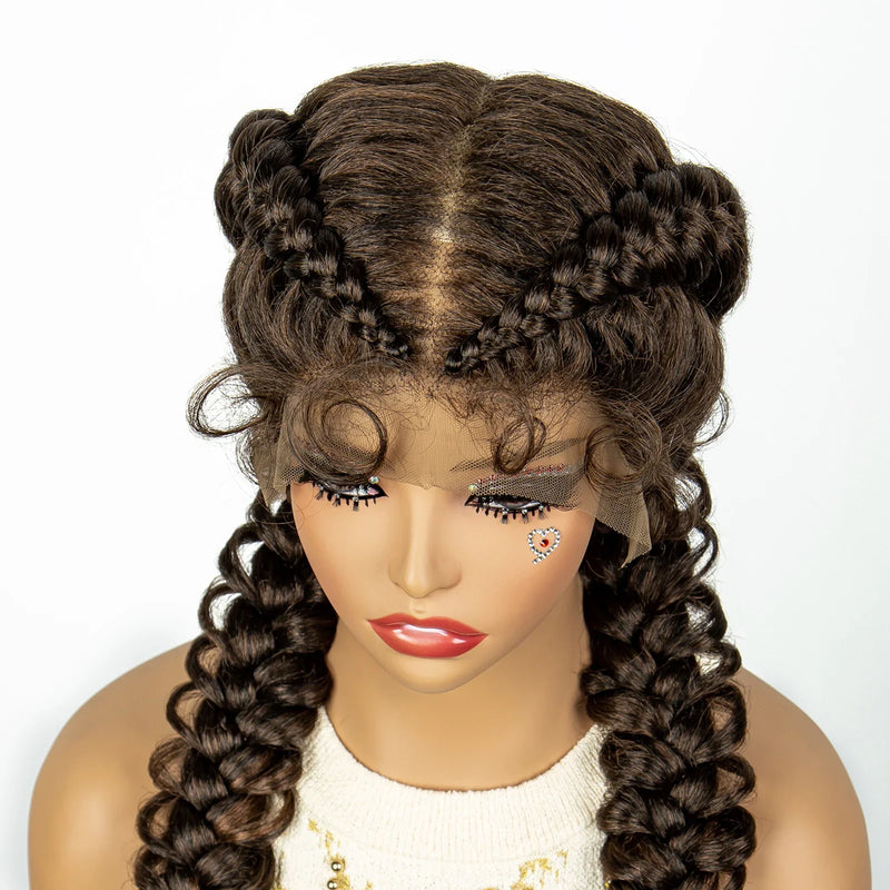 1B/30 Dark Brown Dutch Box Braids Wig | Synthetic Lace Frontal | Fishtail Braids | With Baby Hair | For Black Women