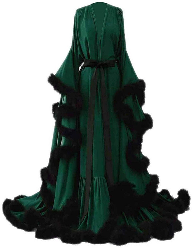 Silky Satin Victorian Feather Fringe Robe Dress