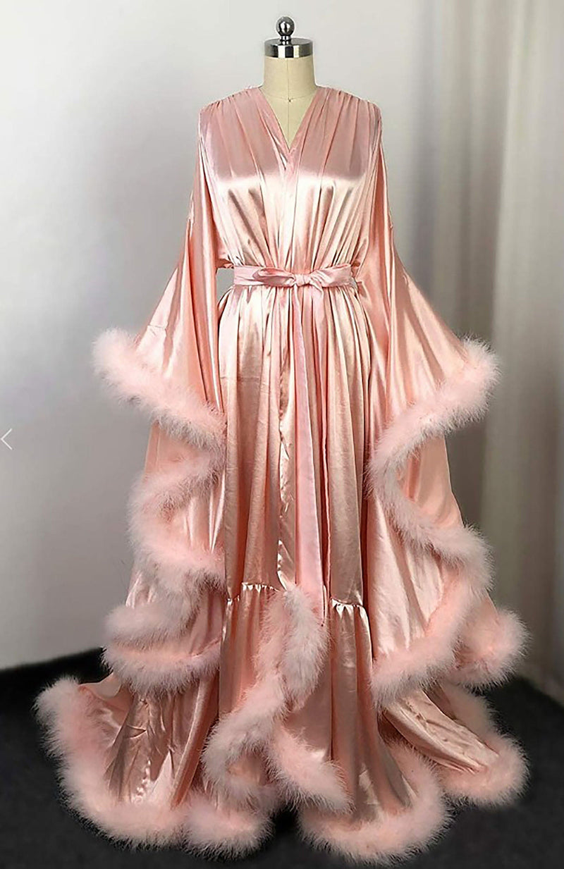 Silky Satin Victorian Feather Fringe Robe Dress