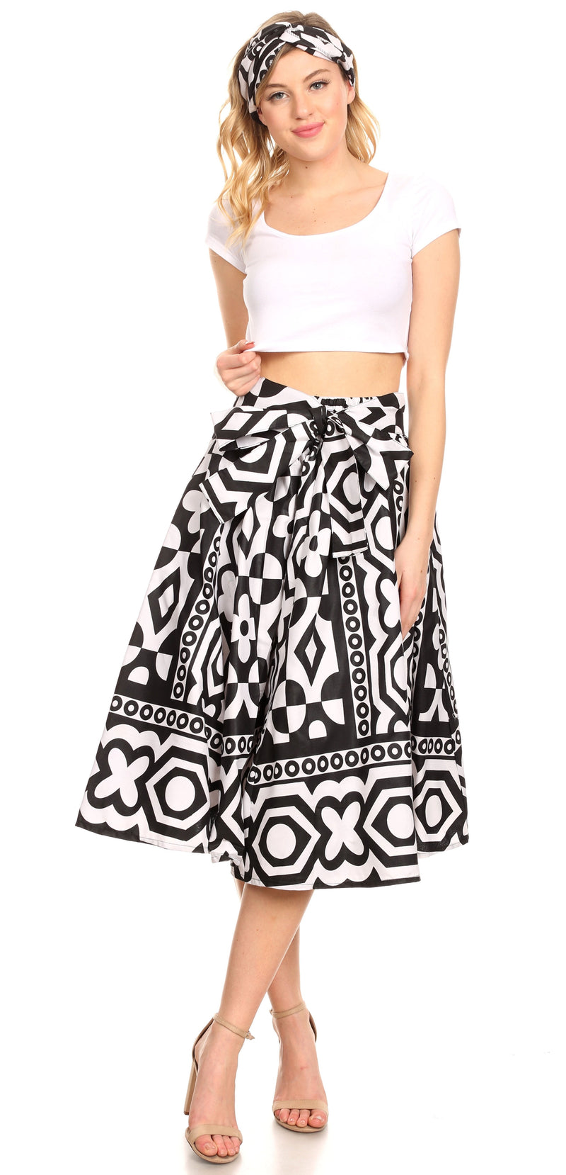 Sakkas Ama Women's Vintage Circle African Ankara Print Midi Skirt with Pockets