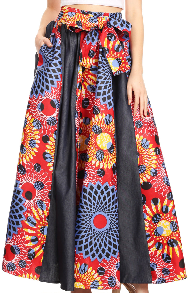 Sakkas Elif Women's Long Maxi African Ankara Print Skirt Elastic Waist & Pockets