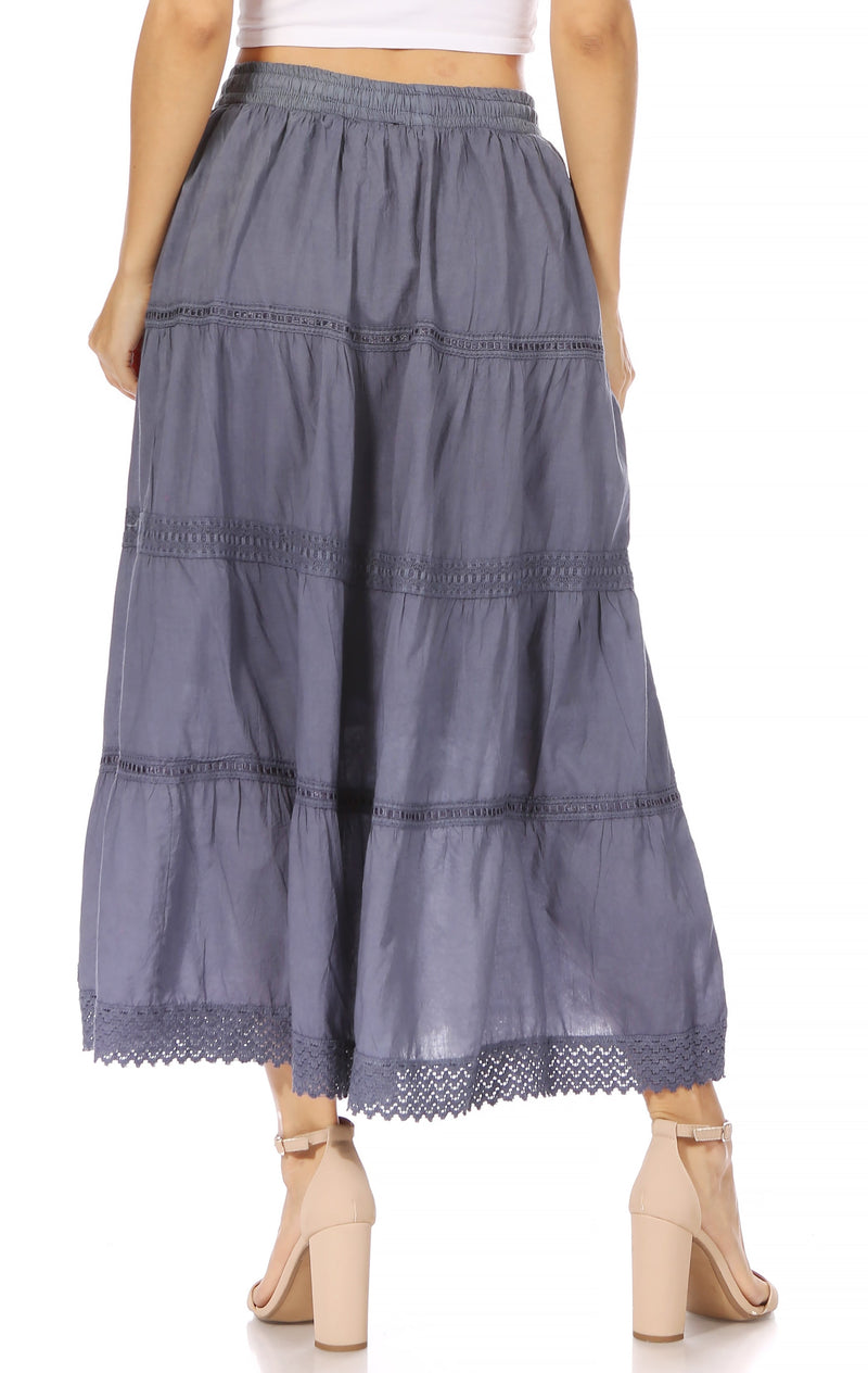 Sakkas Solid Embroidered Crochet Lace Trim Gypsy Bohemian Mid Length Cotton Skirt