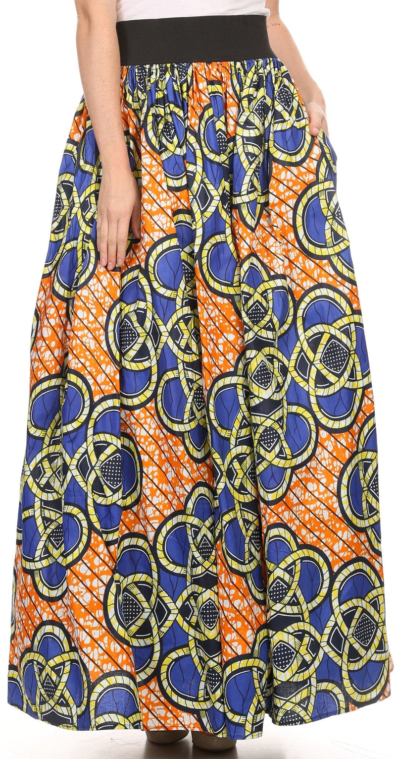 Sakkas Fawna Patterned Long Wax Print Adjustable Waist Skirt With Pockets