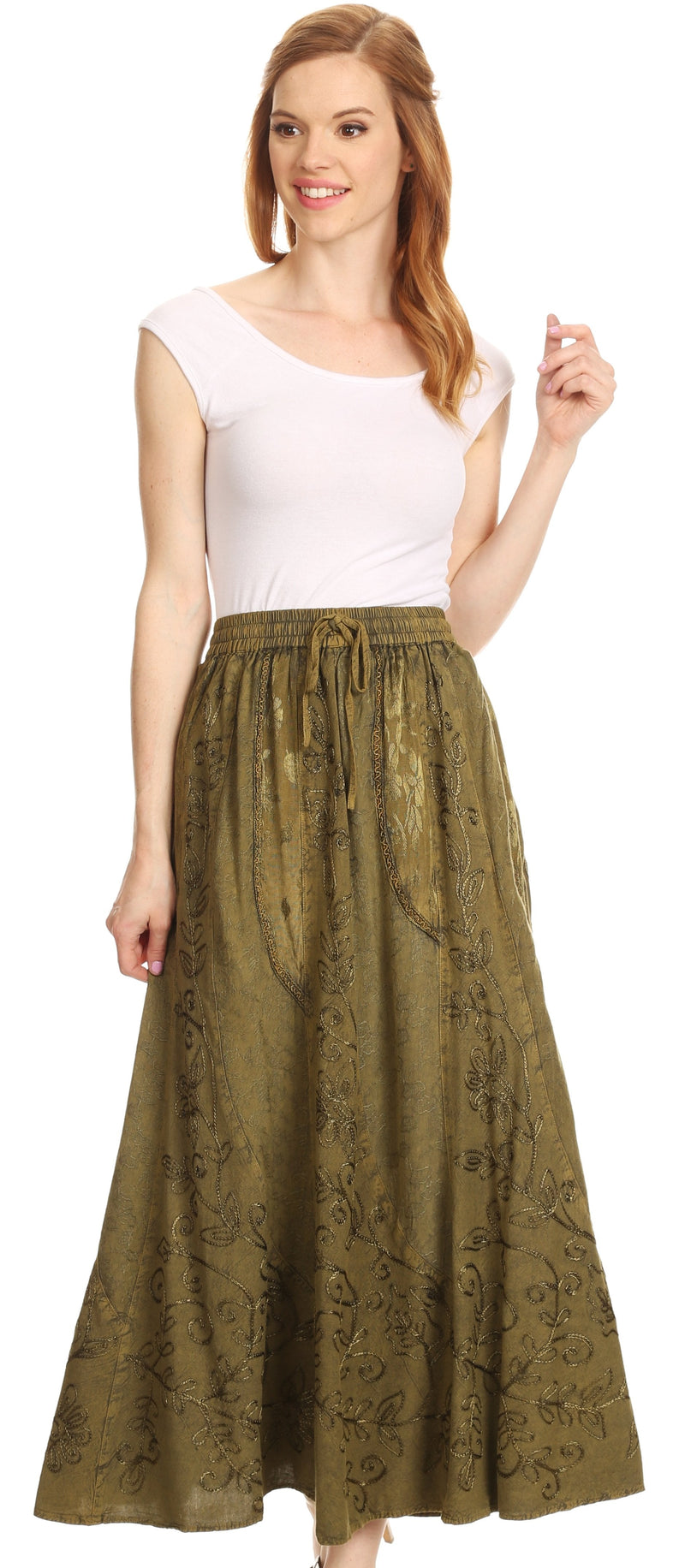 Sakkas Debora Full Length Embroidered Maxi Skirt with Adjustable Waist
