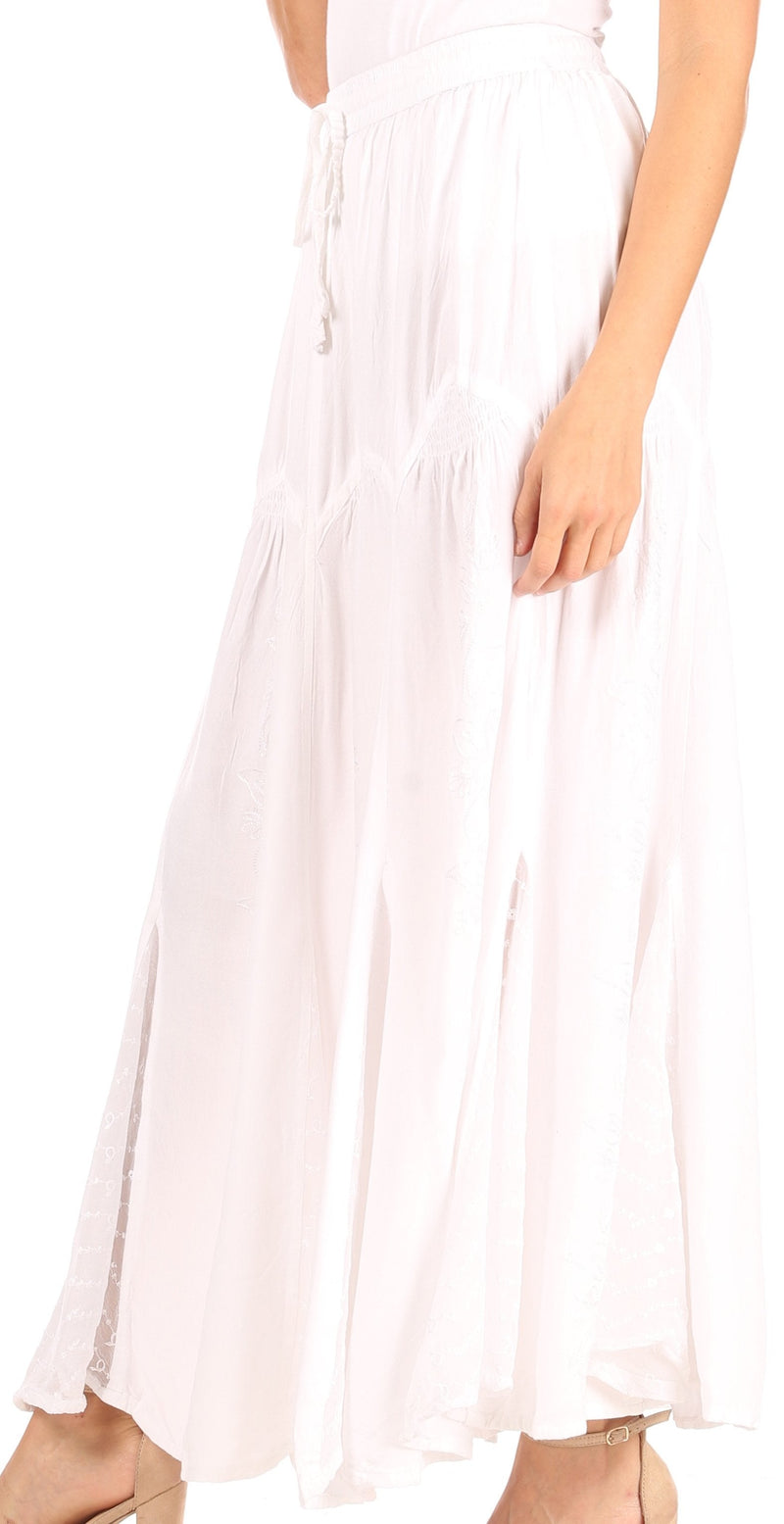 Sakkas Olivia Womens Maxi Bohemian Gypsy Long Skirt With Elastic Waist and Lace