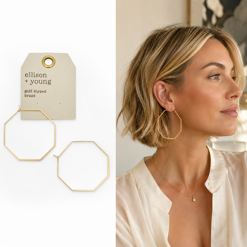 Ellison+Young Smaller Stylish Octagon Wire Hoop Earrings, Matte Gold