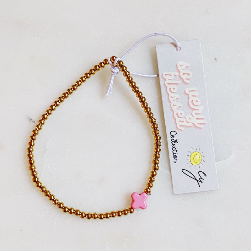 So Very Blessed Cross Gold Beaded Stretch Bracelet