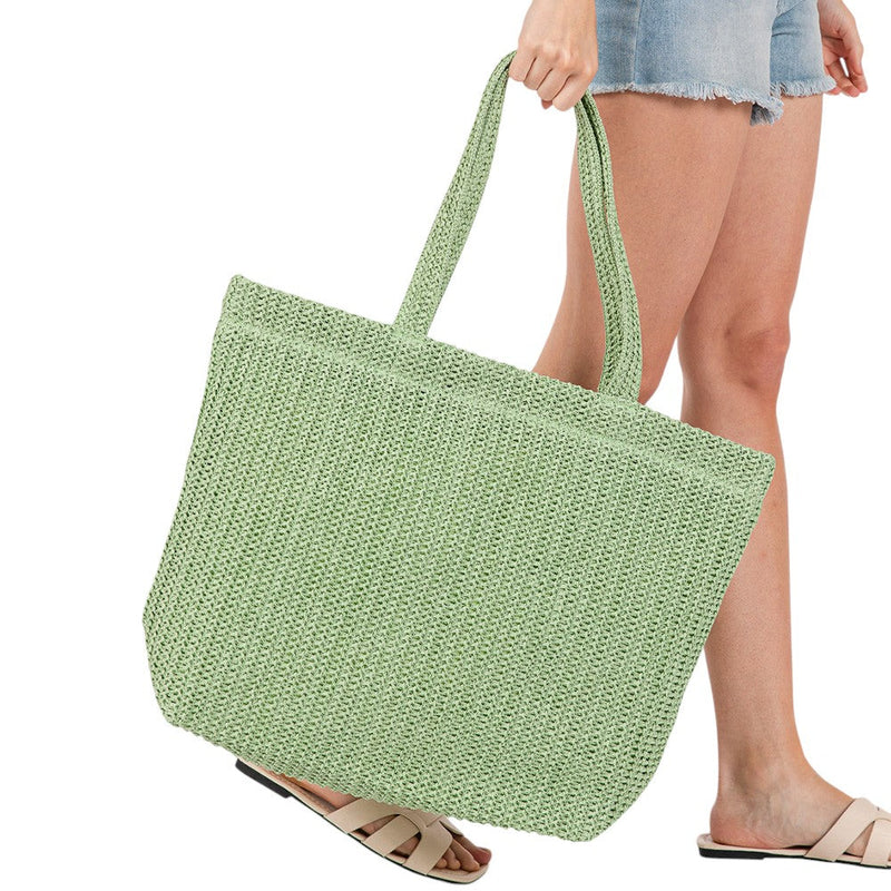 Solid Crochet Straw Tote Bag / Beach Bag
