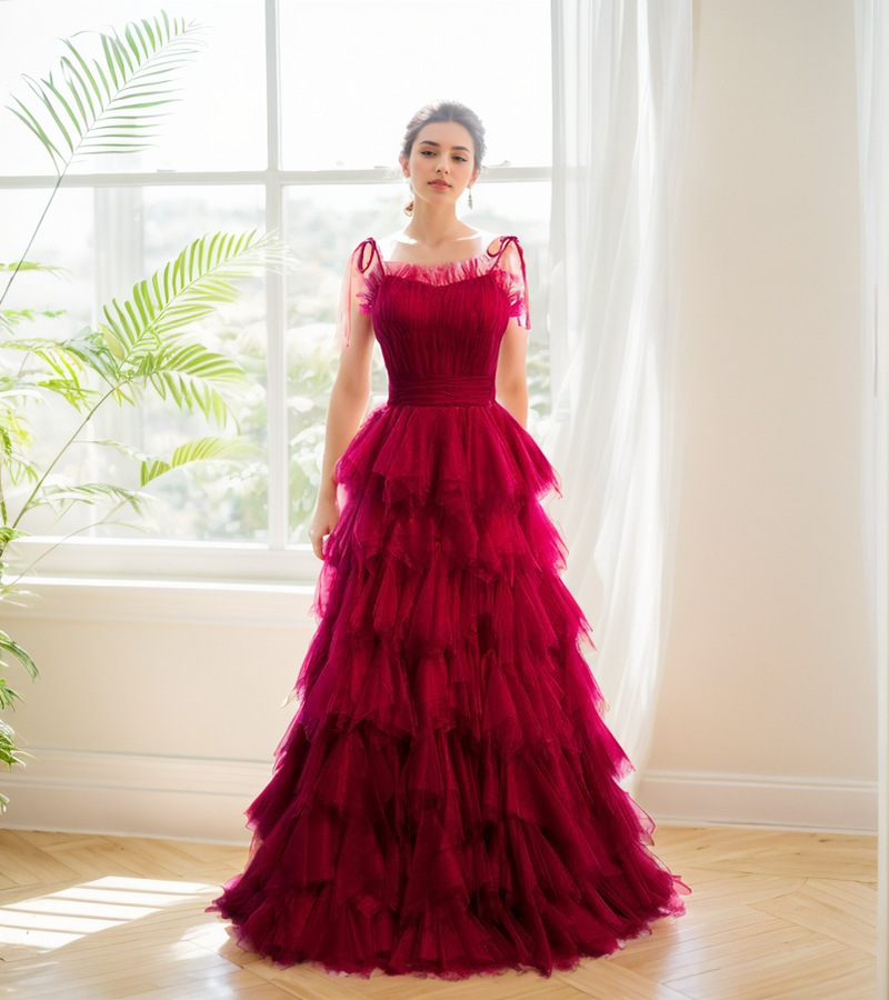 Spaghetti-straps Pleated bodice Ruffle Layered tutu soft tulle prom dress