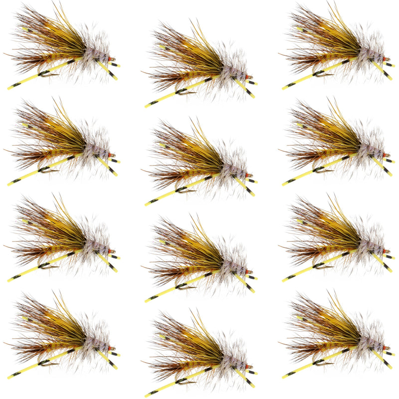 Kaufmann's Yellow Crystal Stimulator Rubber Legs Dry Fly - 1 Dozen Flies Hook Size 12