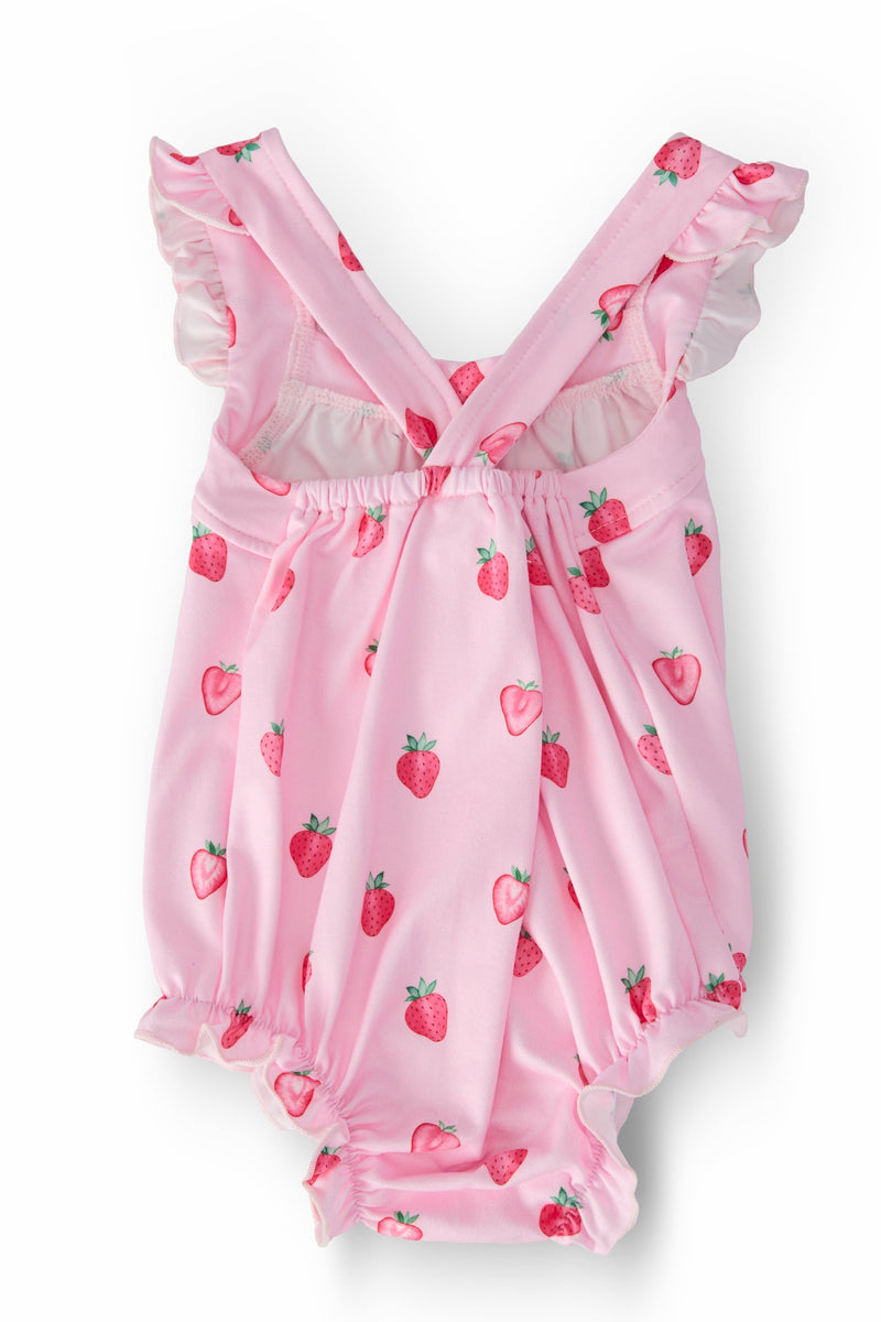 Sweet Strawberries Ruffle Cross Back Romper