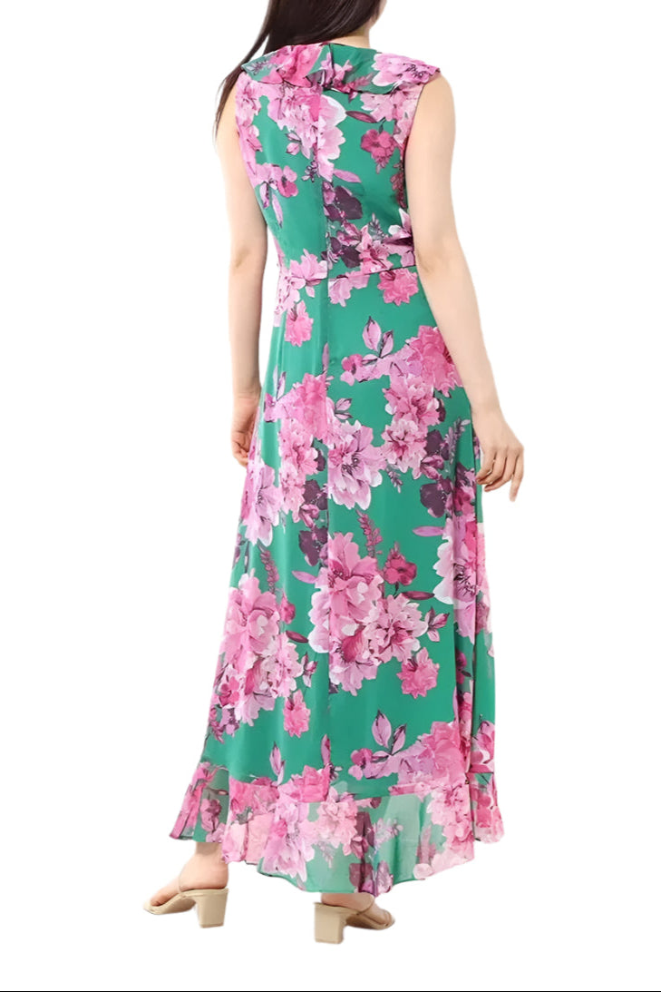 London Times V-Neck Sleeveless Waist Sash Tie Floral Design Ruffle Wrap Midi Dress (Plus Size)
