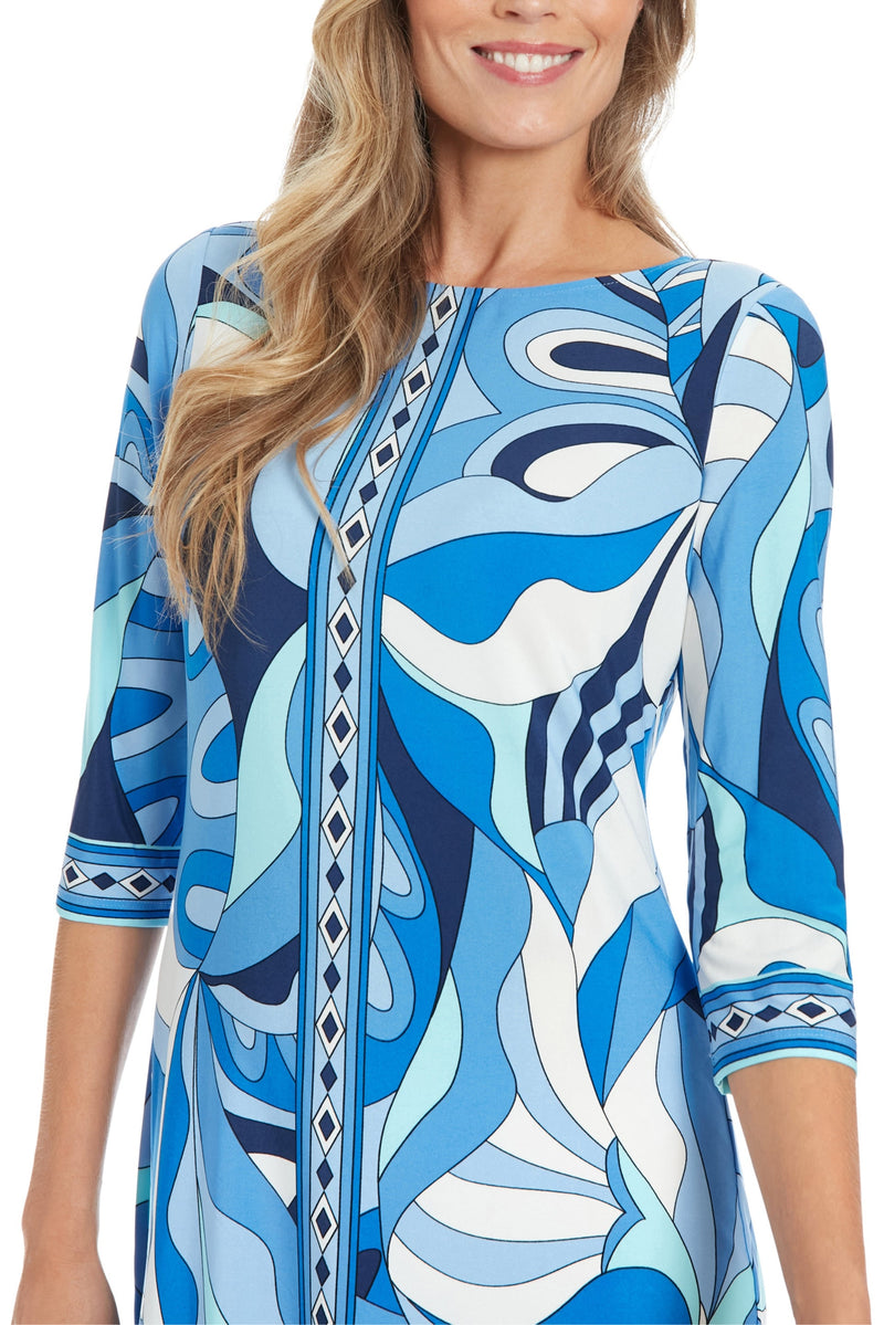 London Times Boat Neckline Quarter Sleeves Fitted Straight Hem Shift Mini Dress