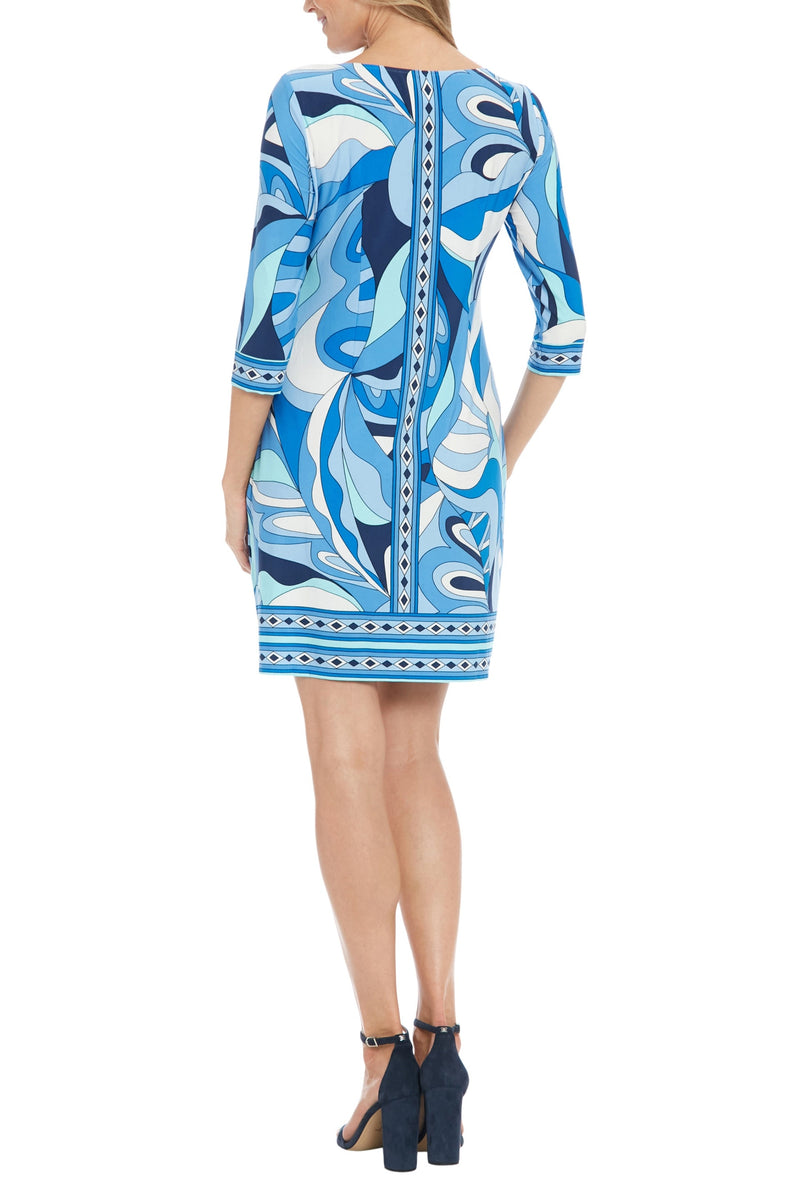 London Times Boat Neckline Quarter Sleeves Fitted Straight Hem Shift Mini Dress