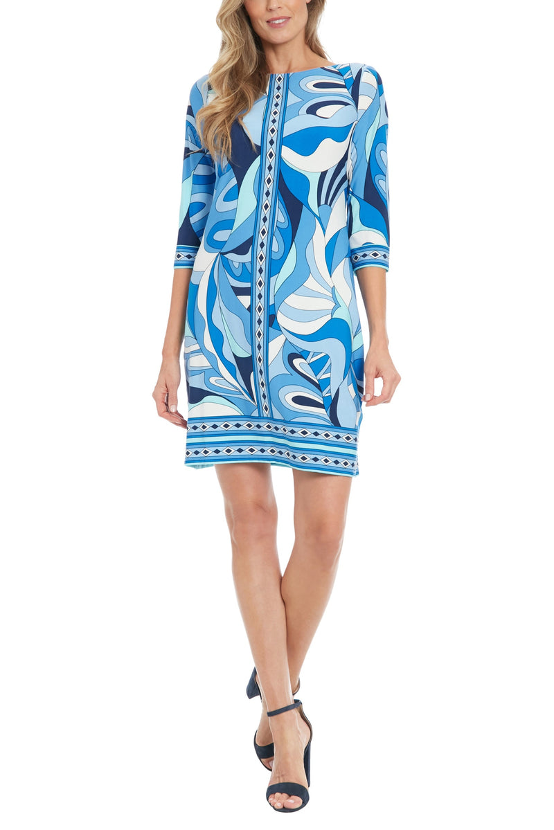 London Times Boat Neckline Quarter Sleeves Fitted Straight Hem Shift Mini Dress