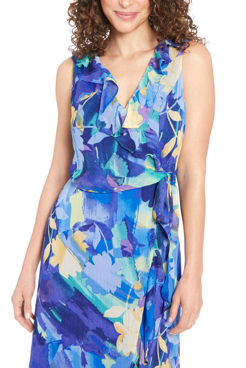 London Times Rosie Ruffled V-Neckline Back Zipper Closure Faux Wrap Maxi Dress