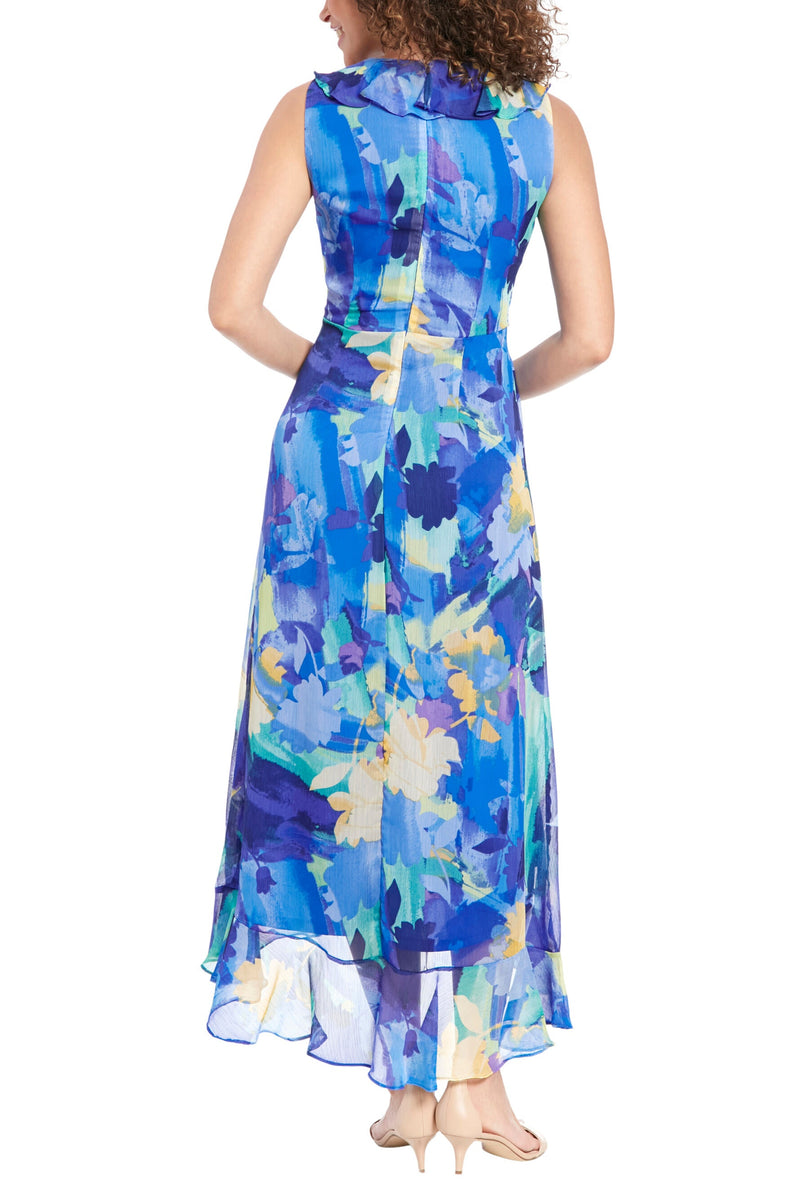 London Times Rosie Ruffled V-Neckline Back Zipper Closure Faux Wrap Maxi Dress