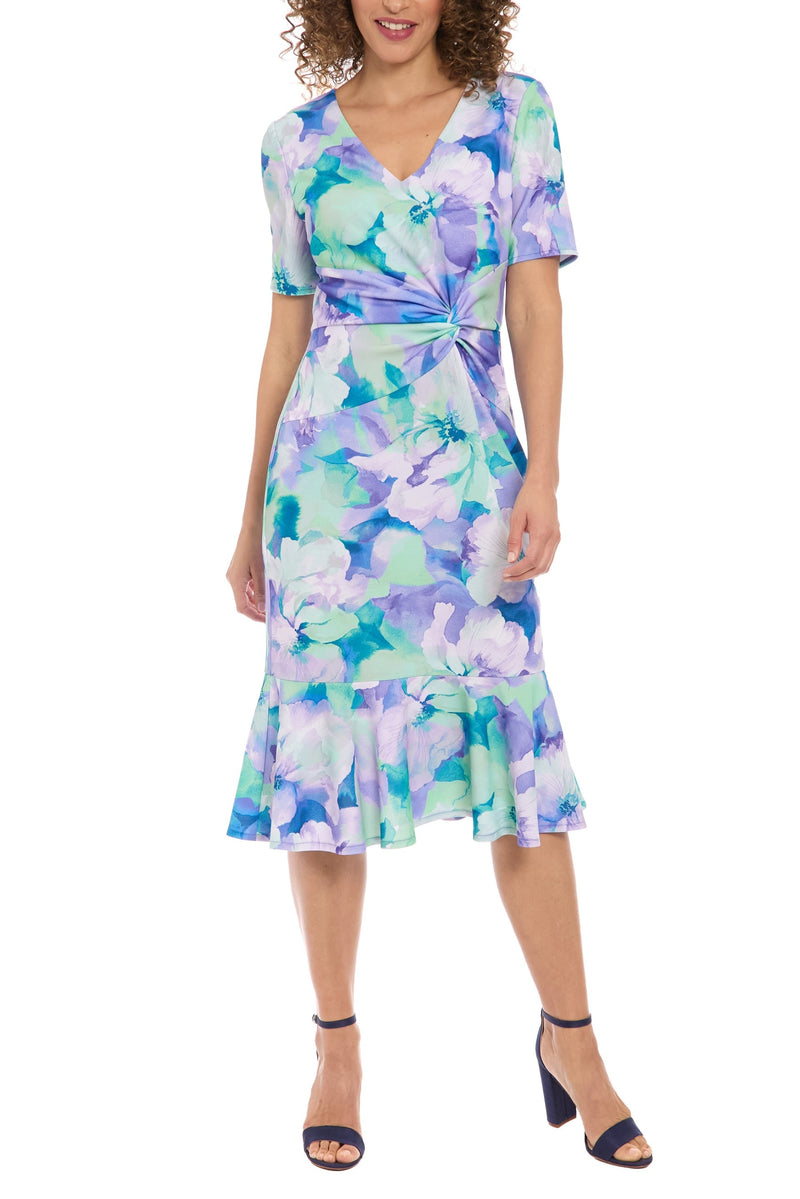 London Times V-Neckline Short Sleeves Side Waist Twist Detail Flounce Hem Sheath Silhouette Dress