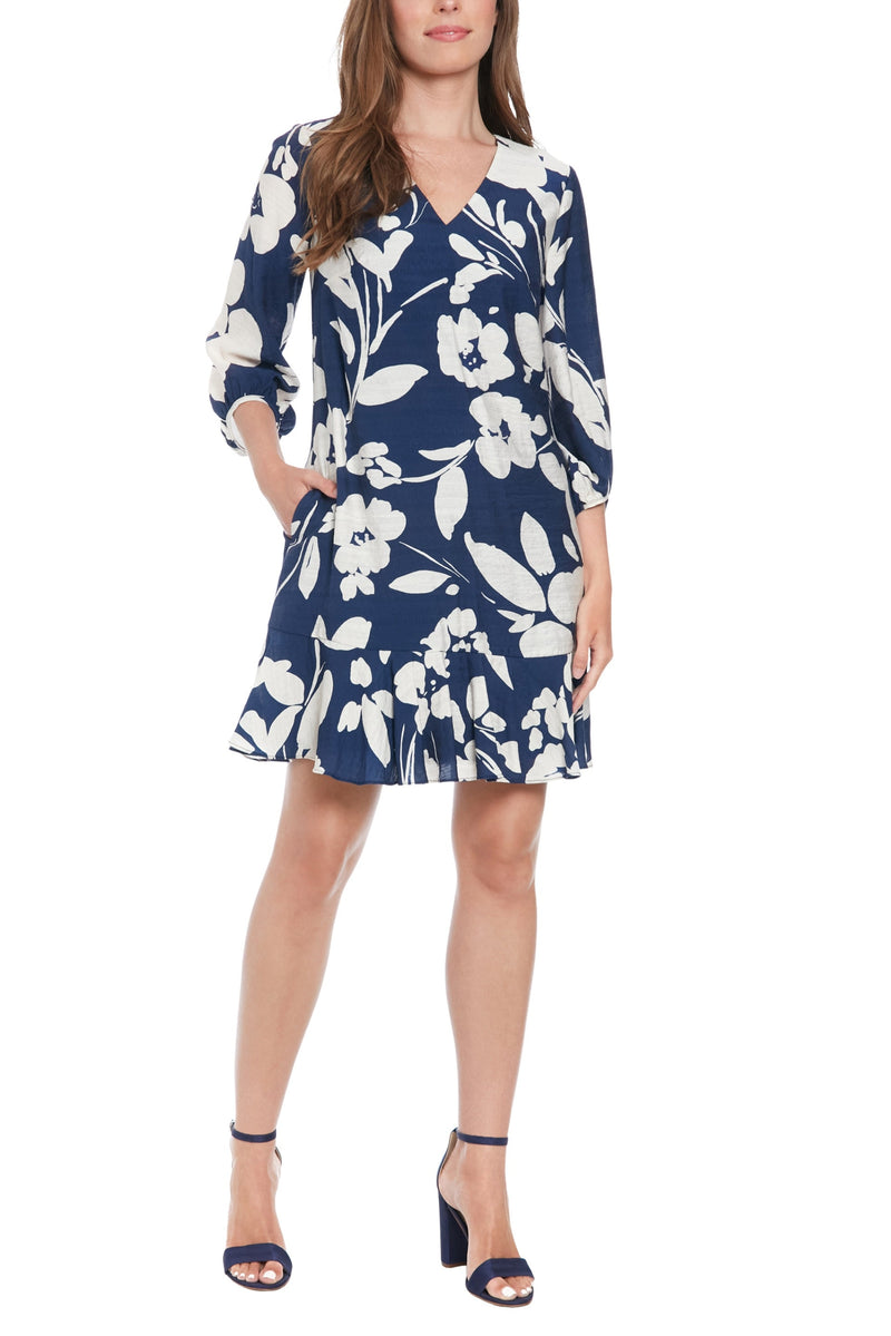 London Times V-Neckline Bishop Quarter Sleeves Gathered Cuffs Side Seam Pockets Subtle Flounced Ruffle Hem Dress