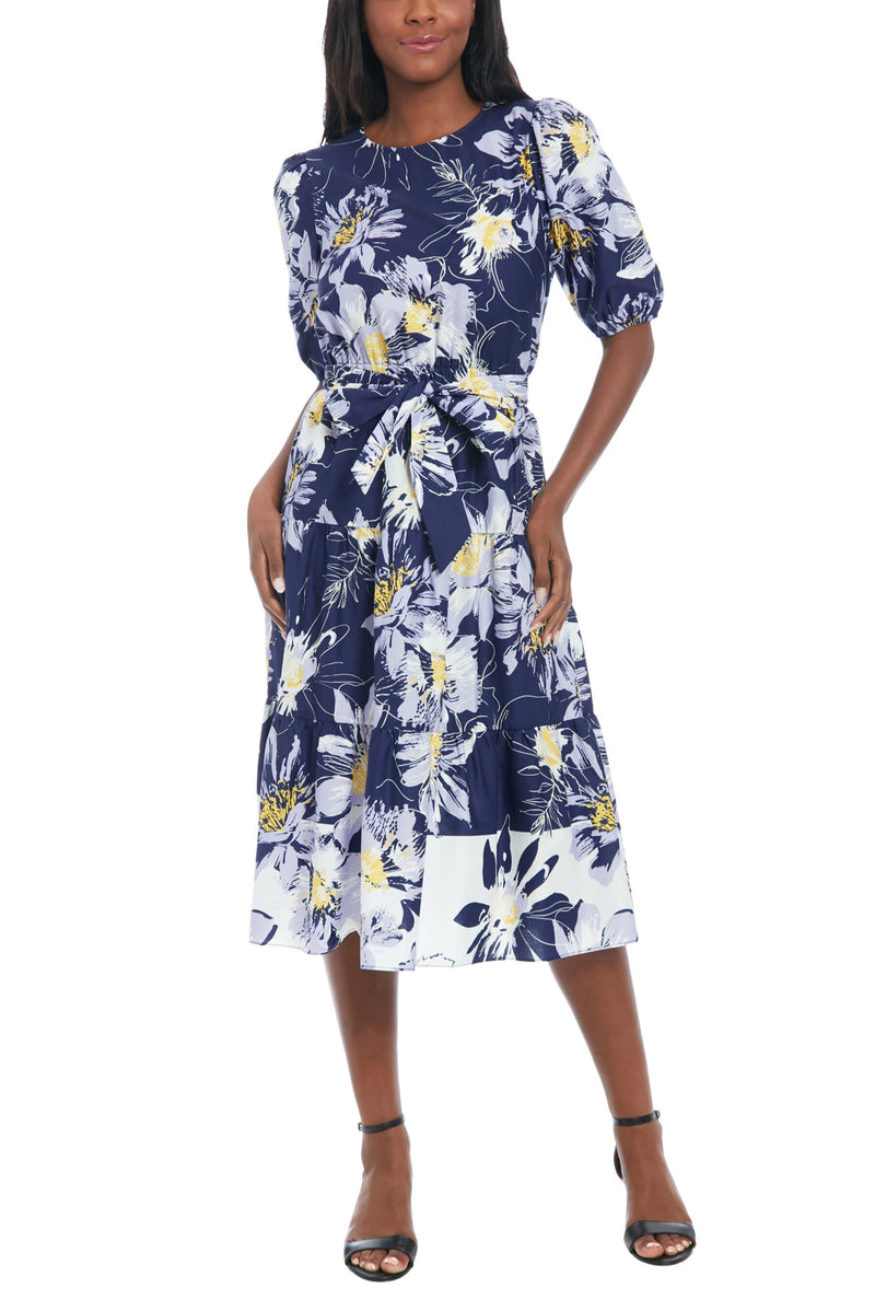 London Times Pip Printed Jewel Neckline Puff Sleeves Waist Tie Tiered Skirt Midi Dress