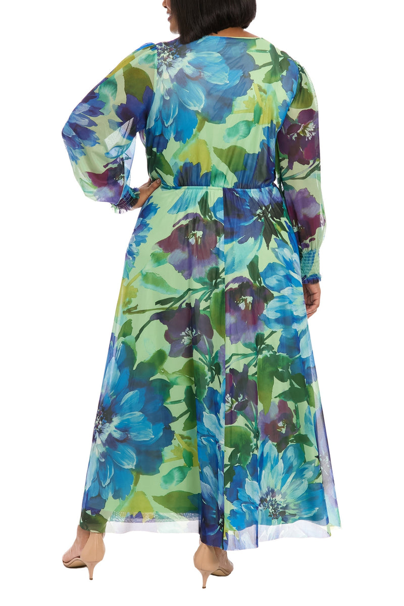 London Times Floral Print Surplice V-Neckline Puffed Long Sleeves Smocked Cuffs Draped Faux Wrap Silhouette Maxi Dress