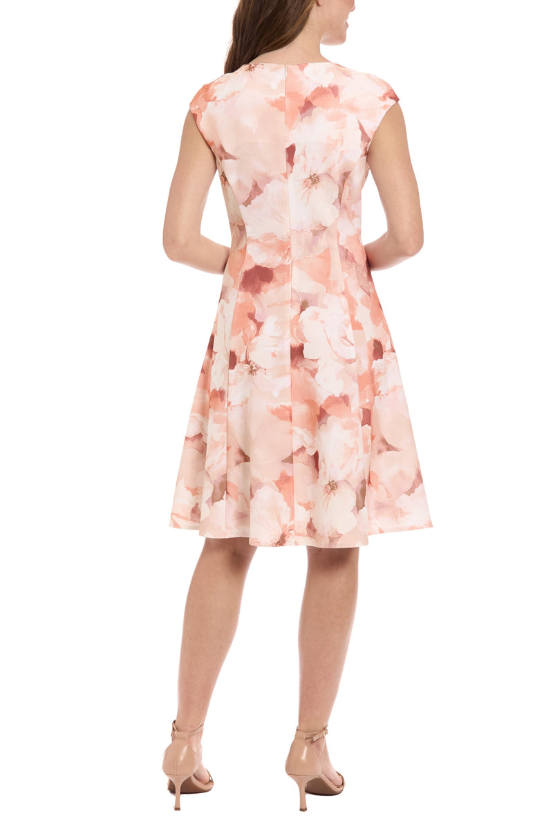 London Times Floral Print Short Cap Sleeves Concealed Back Zipper Fit and Flare Pleated A-Line Skirt Silhouette Dress