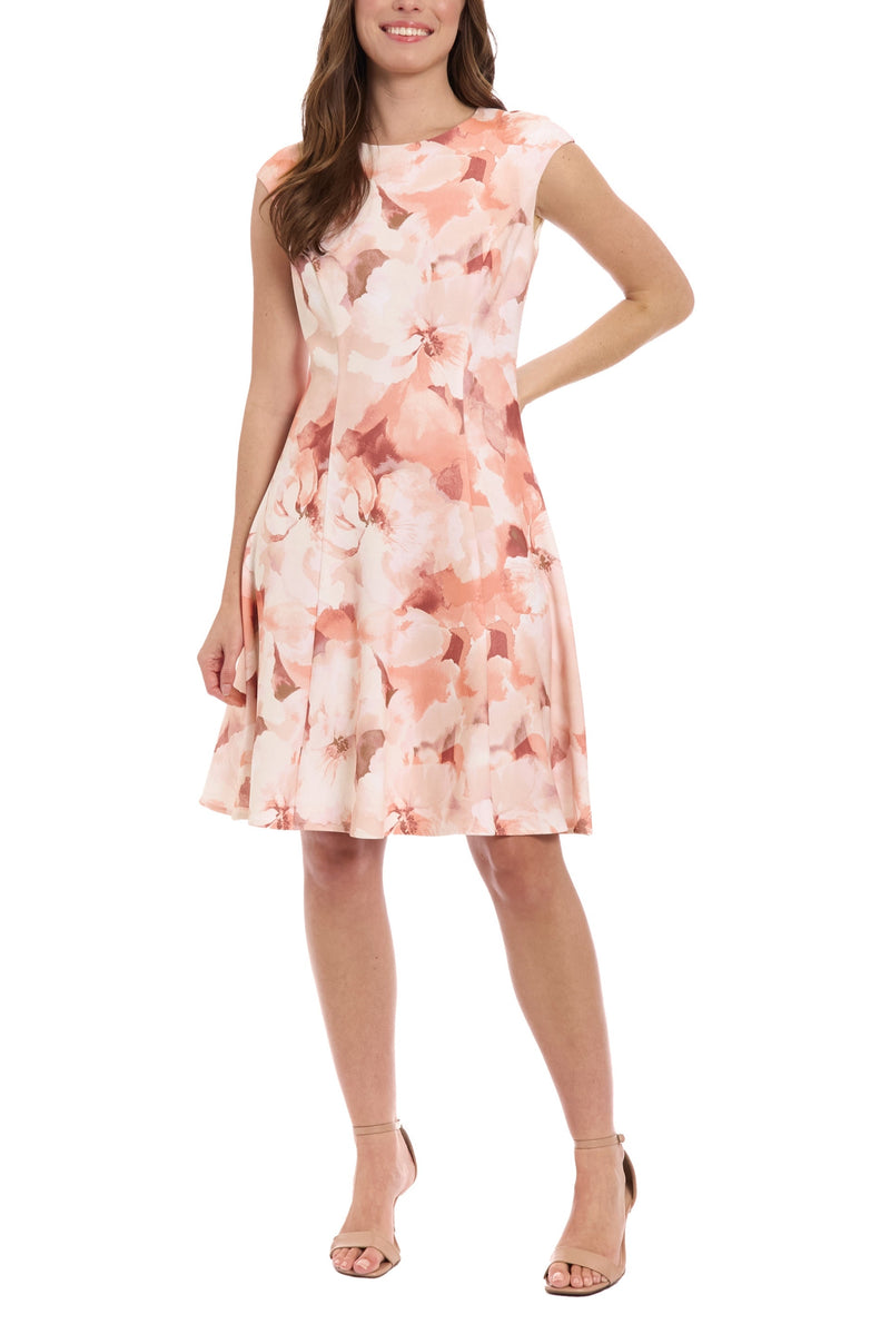London Times Floral Print Short Cap Sleeves Concealed Back Zipper Fit and Flare Pleated A-Line Skirt Silhouette Dress