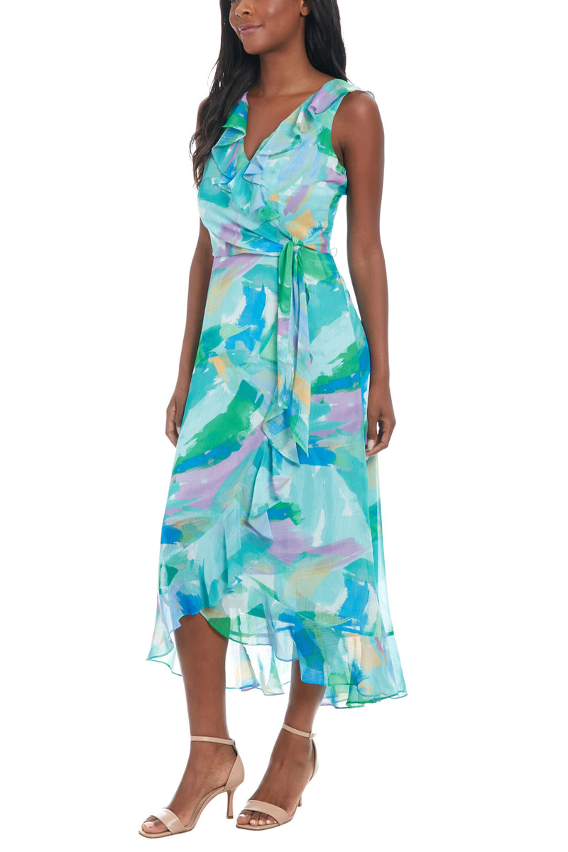 London Times Flattering V-Neckline Flowing Skirt Rosie Maxi Dress