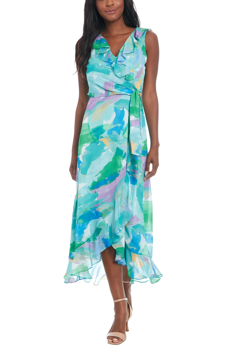 London Times Flattering V-Neckline Flowing Skirt Rosie Maxi Dress