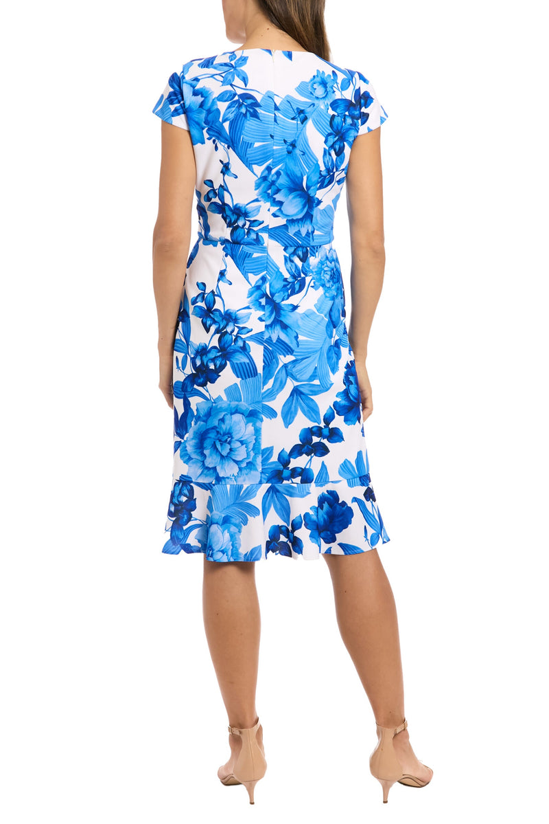 London Times Floral Palm Cap Sleeves Faux-Wrap Cascade Ruffle Skirt Dress
