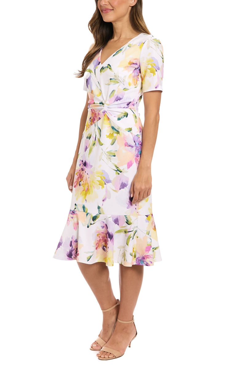 London Times Floral Twist V-Neckline Short Sleeves Back Zipper Flounce Hem Midi Dress