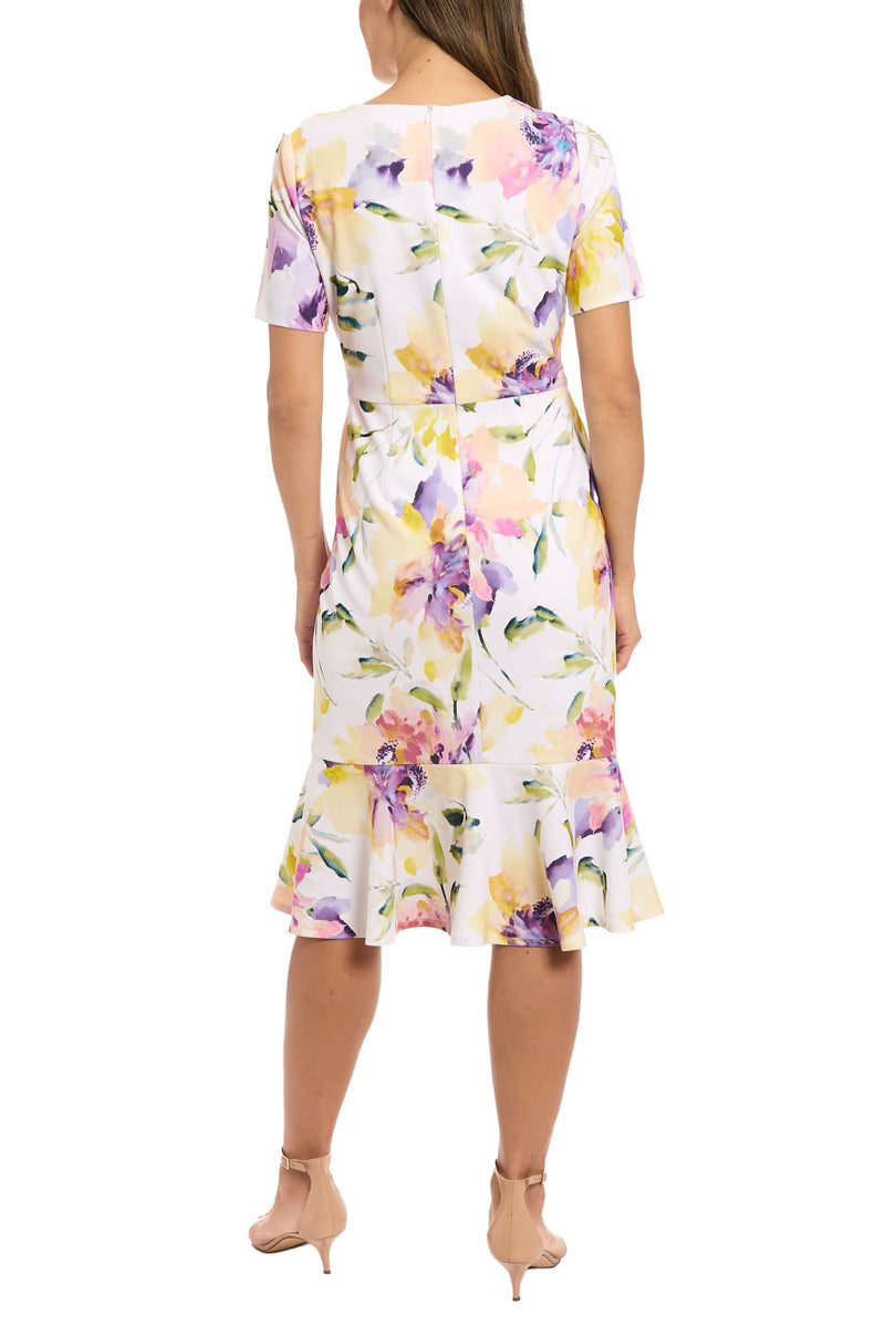 London Times Floral Twist V-Neckline Short Sleeves Back Zipper Flounce Hem Midi Dress