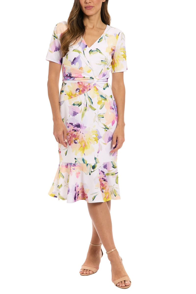 London Times Floral Twist V-Neckline Short Sleeves Back Zipper Flounce Hem Midi Dress