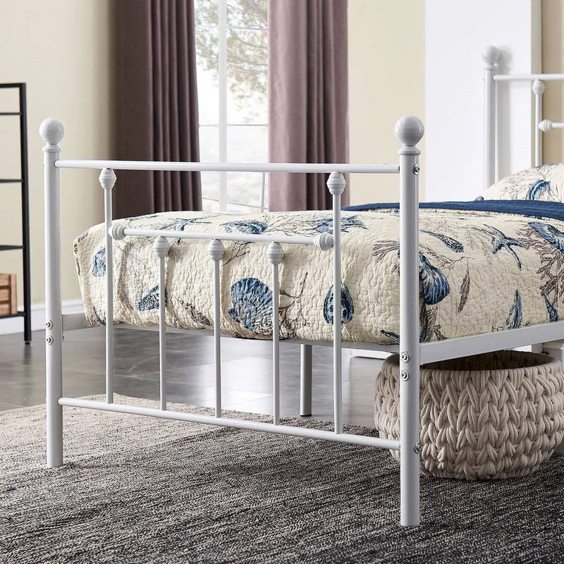 Twin Victorian Style White Metal Platform Bed Frame with Headboard Footboard
