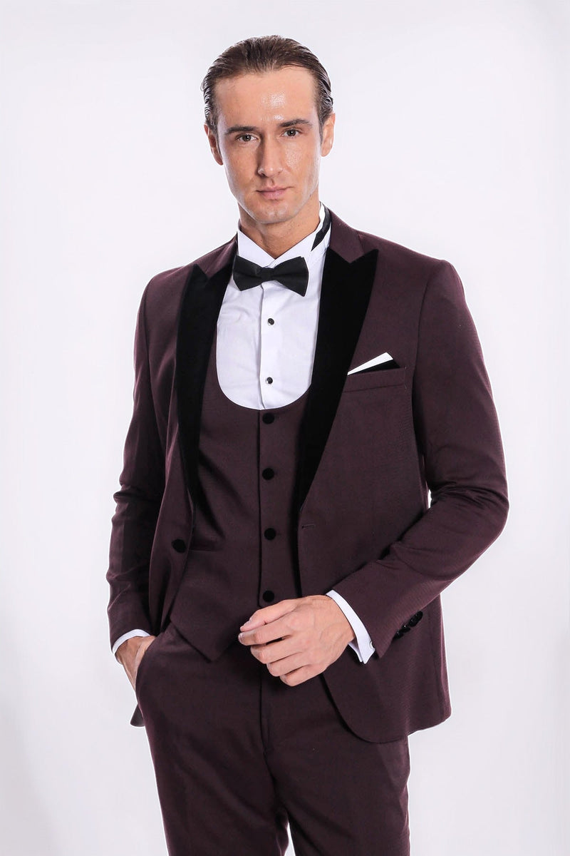Velvet Lapel Slim Fit Burgundy Men Tuxedo - Wessi