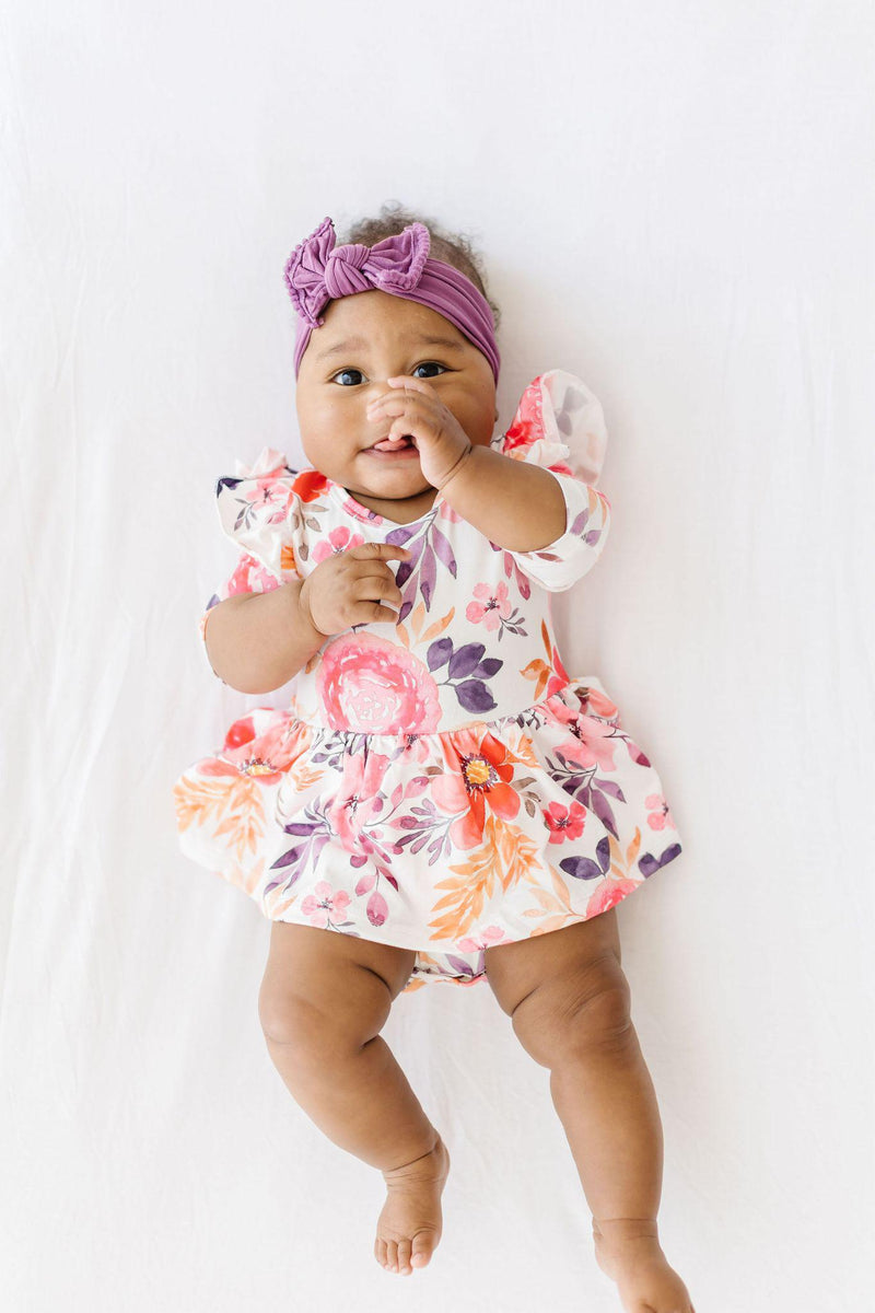 Tangerine Leaves 3/4 Sleeve Flutter Twirl Bodysuit
