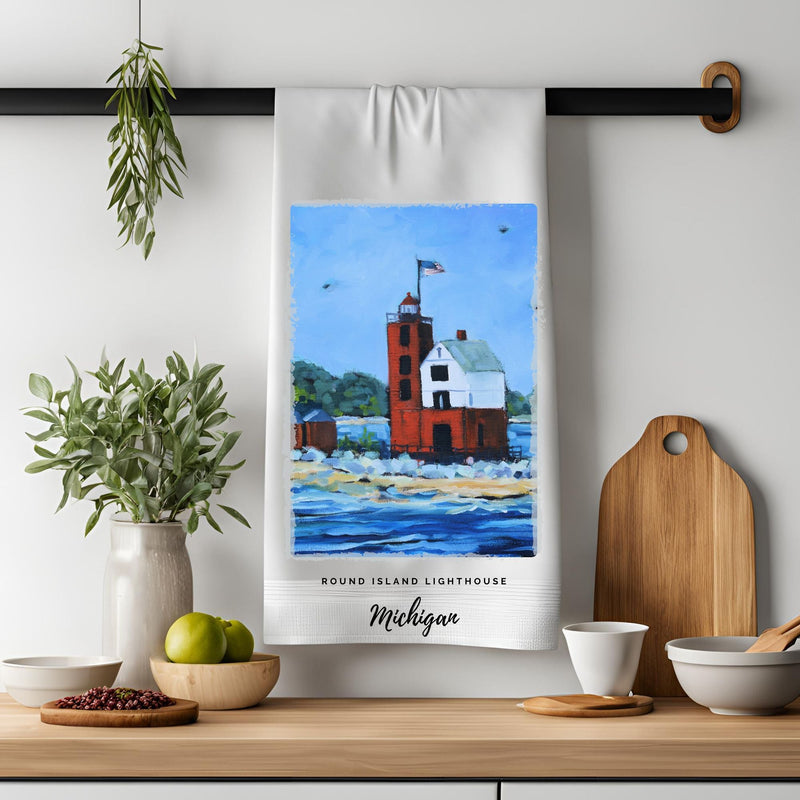 Dish Towel - "Round Island Lighthouse- Mackinac Island Kitchen Towel"
