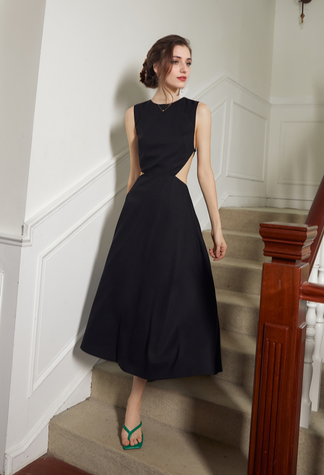 Timeless Elegance Backless Satin Midi Dress with Intricate Cutout