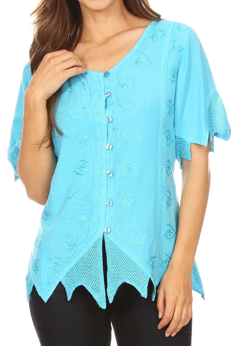Sakkas Emma Womens Stonewashed V neck Short Sleeve Blouse Top Crochet Button Down