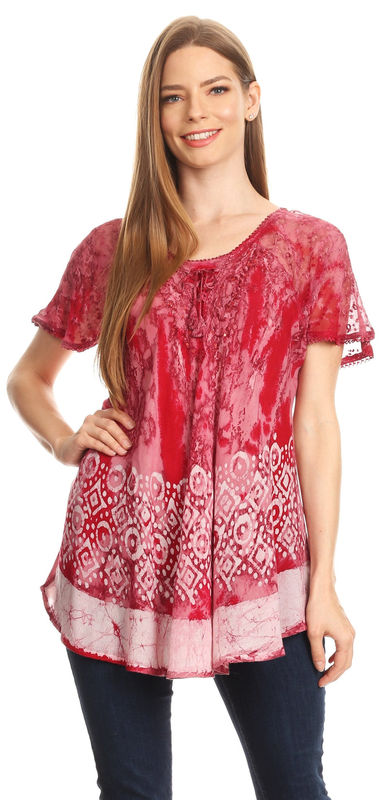 Sakkas Sara Womens Flowy Peasant Short Sleeve Top Blouse Tie-dye Batik Embroidery