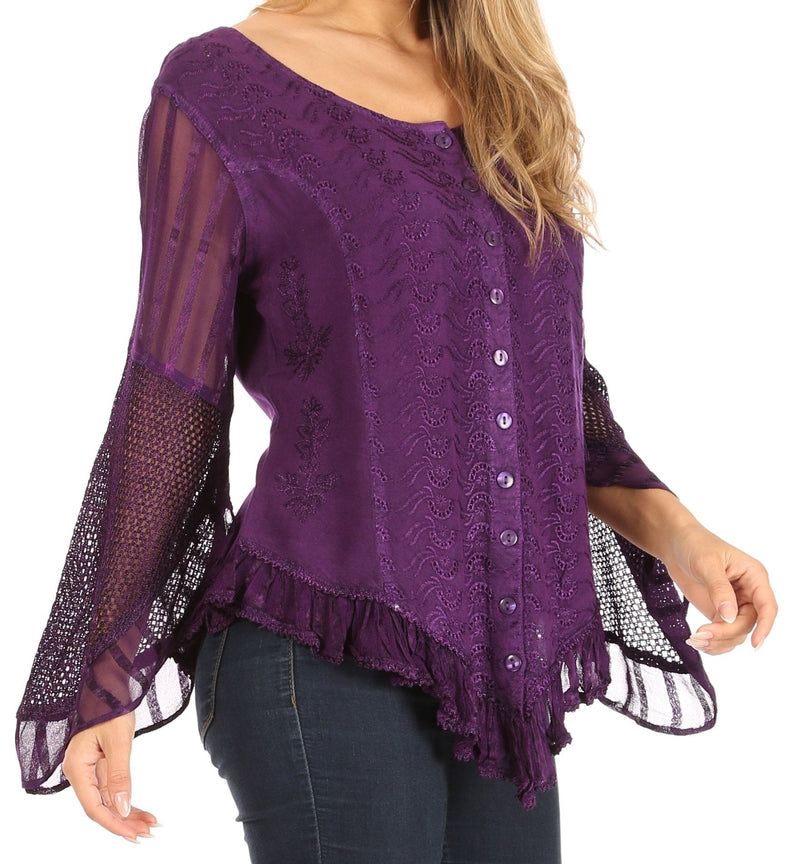 Sakkas Marga Womens Button Down Long Sleeve Top Blouse Shirt Lace Solid Simple