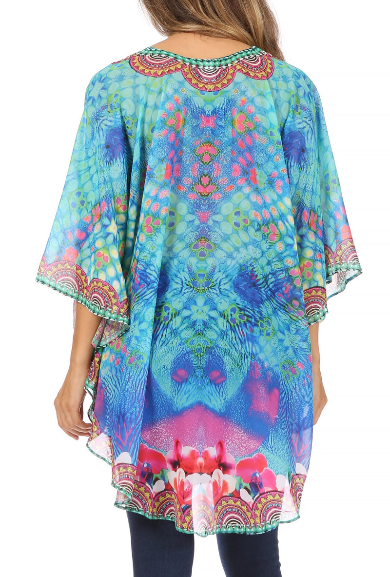 Sakkas Sloane Women's Printed V Neck Loose Fit Casual Circle Top Blouse with Ties