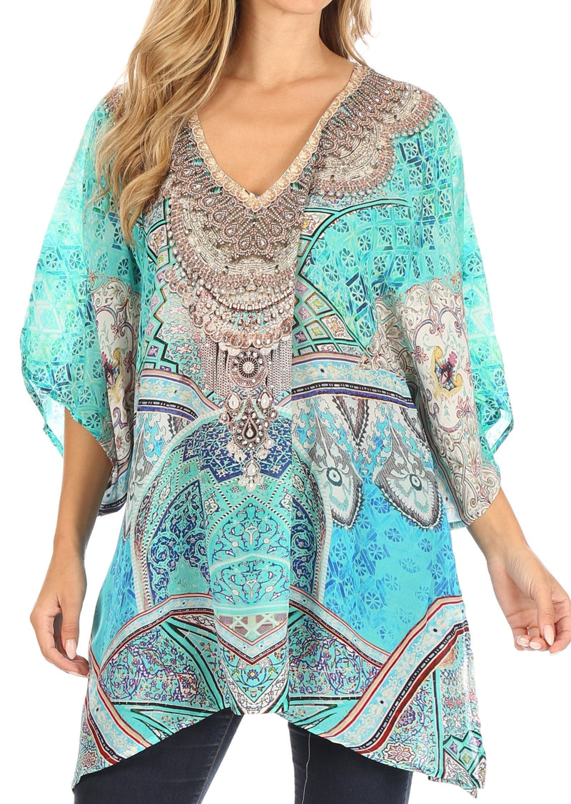 Sakkas Tanya Women's Short Sleeve Floral Print Loose Blouse Tunic V-neck Silky