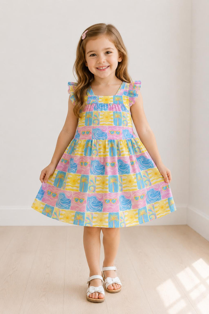 Tropical Summer Ruffle Cross Back Dress