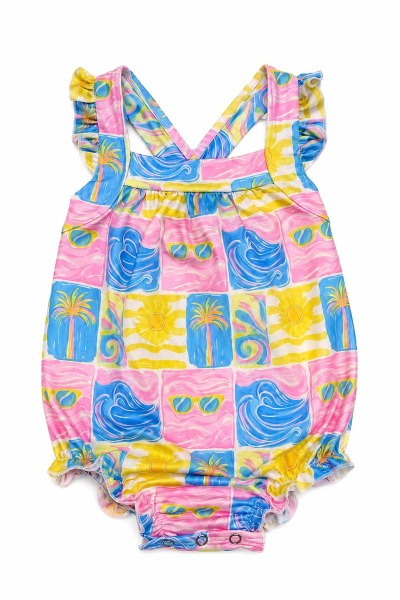 Tropical Summer Ruffle Cross Back Romper