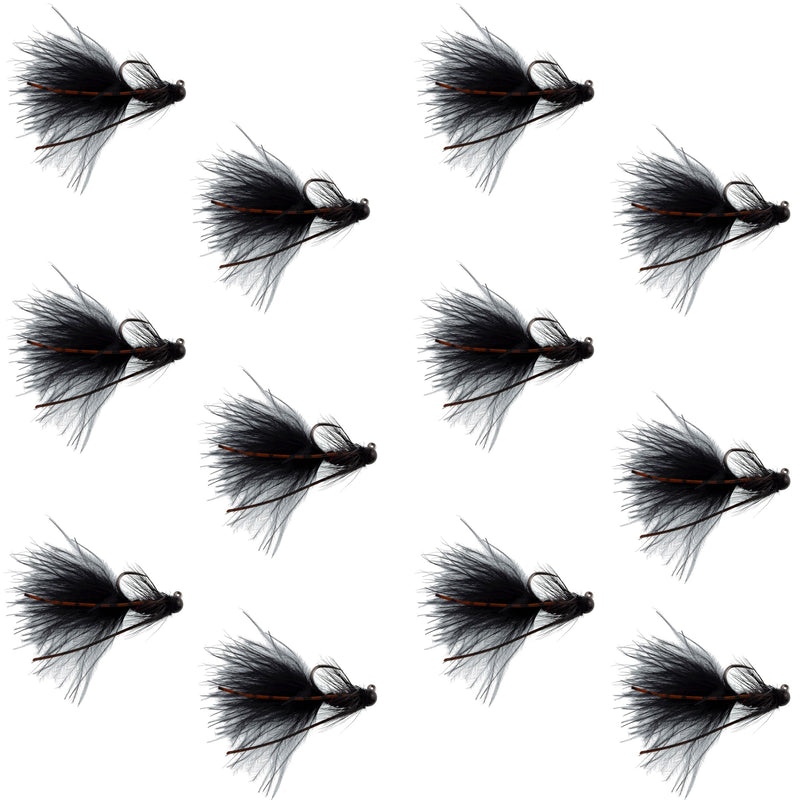 Tungsten Bead Tactical Black Mini Bugger Euro Nymph Fly - 12 Flies Size 8