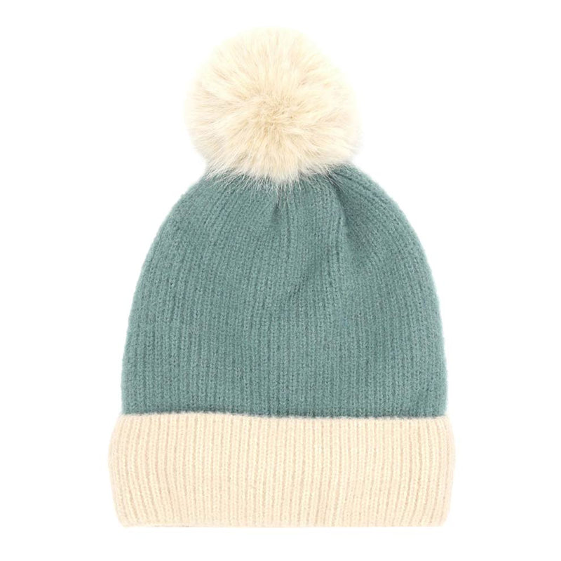 Two Tone Knit Pom Pom Beanie Hat