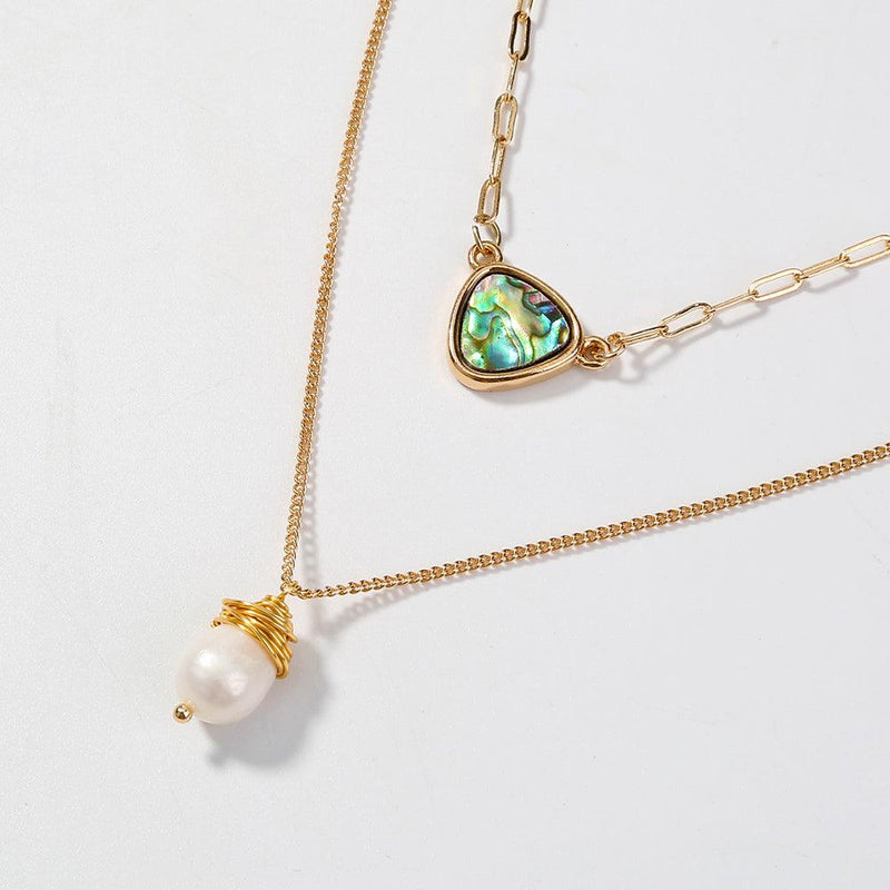 Two Layer Necklace With Abalone Pendant And Pearl Pendant