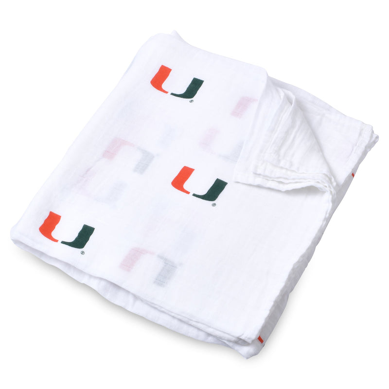 University of Miami Hurricanes Muslin Swaddle Blanket – Soft Breathable 47x47 Baby Blanket – Officially Licensed The U Newborn Gift
